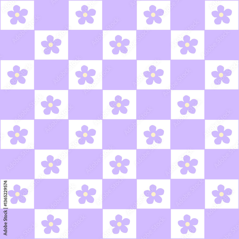 Abstract seamless pattern with flowers. Retro checkered purple background. Abstract seamless pattern with flowers. Retro checkered purple background.