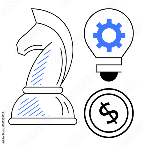 Chess knight suggests strategy, light bulb with cogwheel represents innovative thinking, and dollar coin implies financial goals. Ideal for business, innovation, strategy, leadership, planning