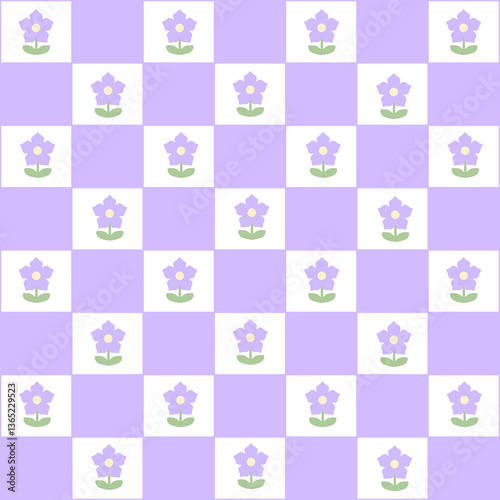 Abstract seamless pattern with flowers. Retro checkered purple background.