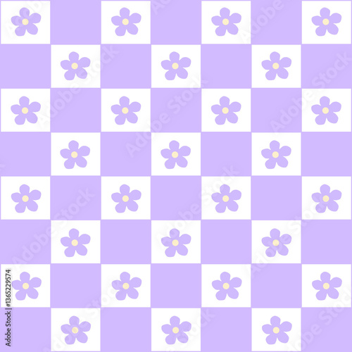 Abstract seamless pattern with flowers. Retro checkered purple background.