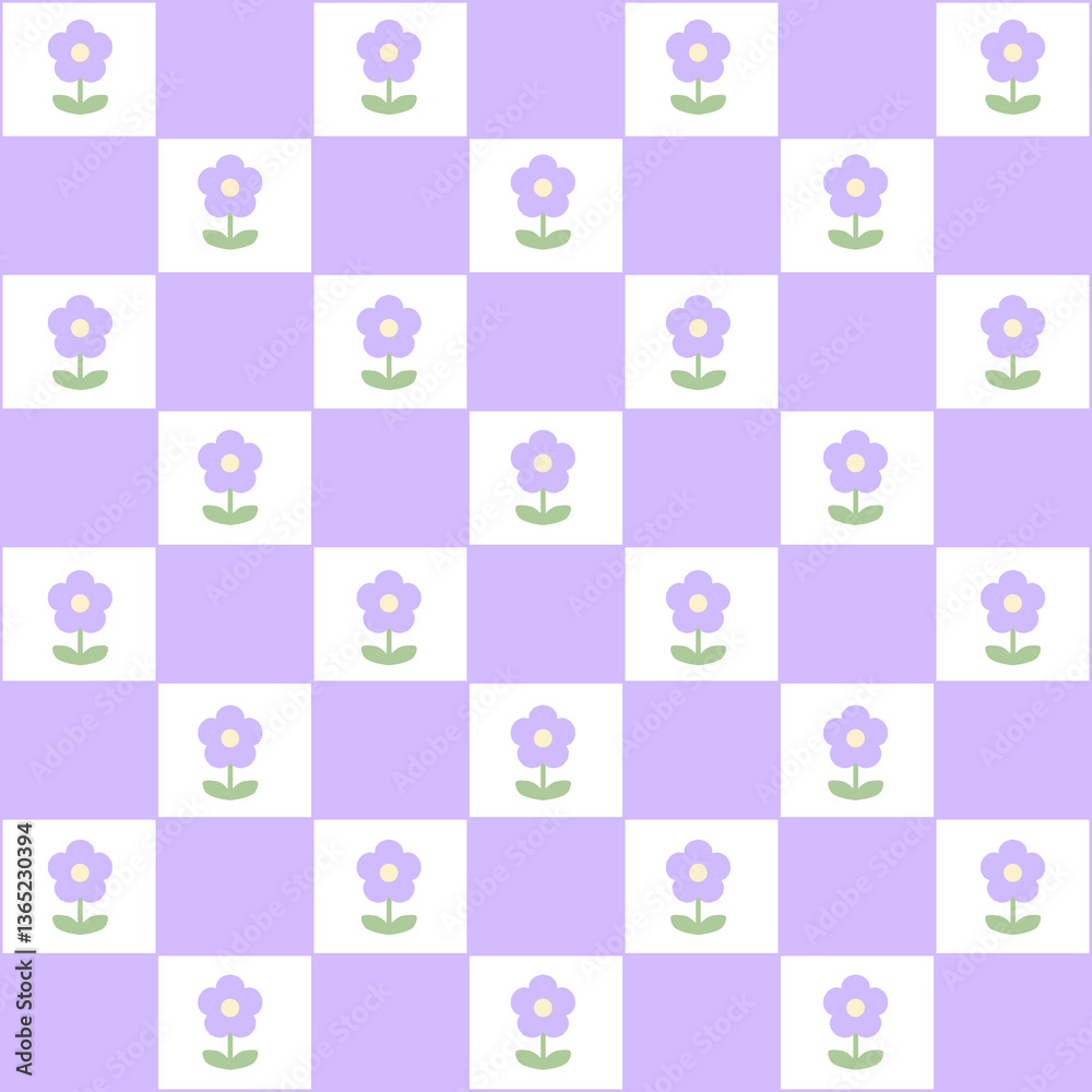 Abstract seamless pattern with flowers. Retro checkered purple background. Abstract seamless pattern with flowers. Retro checkered purple background.