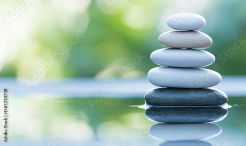 Balanced zen stones are stacked in a calm, meditative pose against a soft green background.