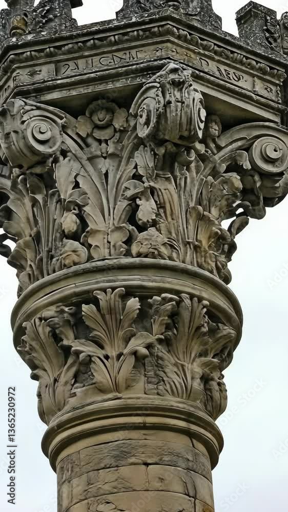 Ornate stone column showcasing intricate carvings in historical architecture during midday light Ornate stone column showcasing intricate carvings in historical architecture during midday light