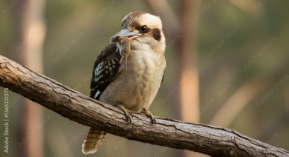 Naklejka premium Laughing Kookaburra perched on a branch with a mouse in its beak close up
