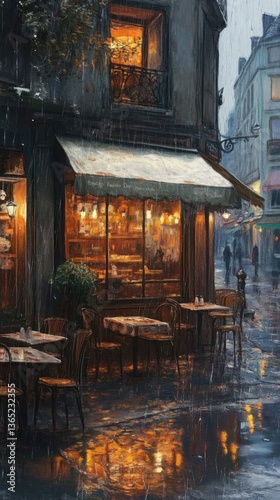 A rainy street scene showing a cozy cafe at night