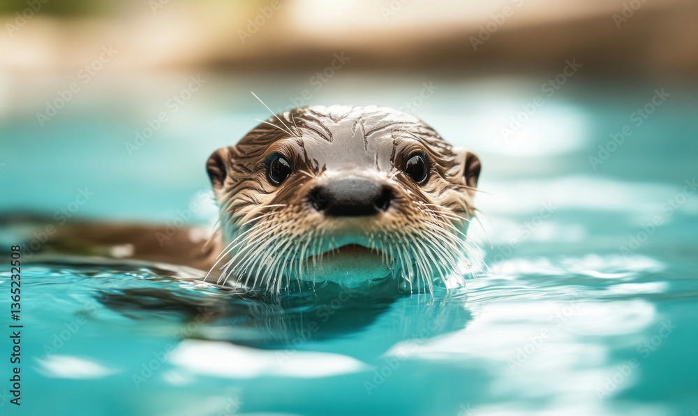 Fototapeta premium A curious river otter swims towards the camera, its whiskers glistening in the clear water.