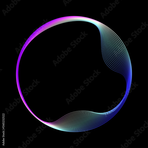 Neon iridescent blend line circle frame. Abstract circular shape composed of wavy lines with a smooth color spectrum gradient on a black background. Vector illustration 