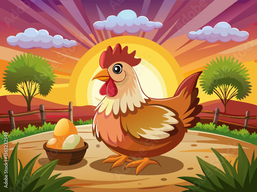 vector of A hen sits on straw, proudly guarding his freshly laid eggs against a colorful sunset backdrop.