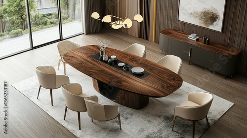 A modern dining room showcasing furniture and stylish interior design