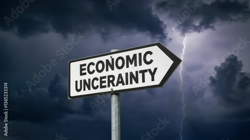 Sign Indicating Economic Uncertainty with Dark Stormy Clouds and Lightning in the Background