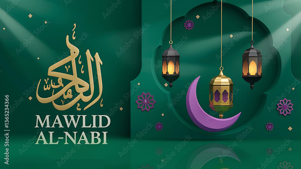 Naklejka premium Islamic Mawlid Al-Nabi festival design featuring Arabic calligraphy, golden lanterns, glowing reflections, and a purple crescent moon on a luxurious green theme, ideal for posters, invitations