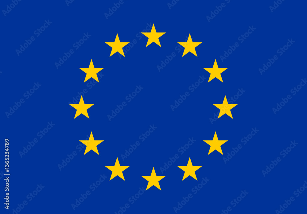 European Union flag with twelve yellow stars in a circular pattern on a blue background, representing unity and identity in official international vector design European Union flag with twelve yellow stars in a circular pattern on a blue background, representing unity and identity in official international vector design