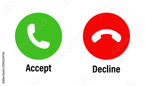 Call accept and decline icon set with green and red buttons featuring phone symbols. Ideal for mobile apps, communication UI, VoIP, chat, call interfaces, and digital interaction designs. Vector