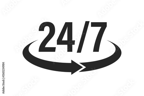 Black 24/7 number with circular arrow icon representing all-day availability, nonstop service, or around-the-clock customer support in flat vector style on white background