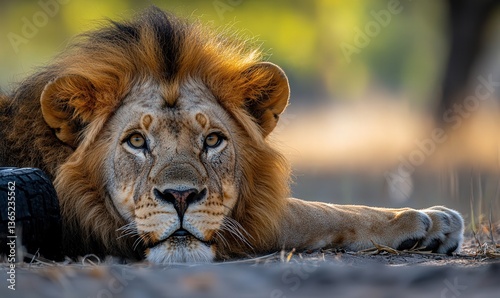 Majestic male lion resting on the savannah, showcasing its powerful gaze and impressive mane.