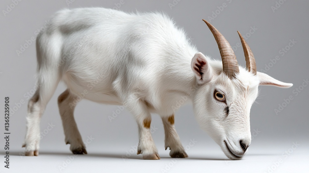 Obraz premium Elegant White Goat Grazing in a Bright Studio Setting for Livestock Concepts