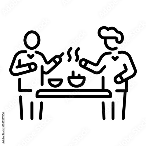 Two friends cooking together in the kitchen, line icon 