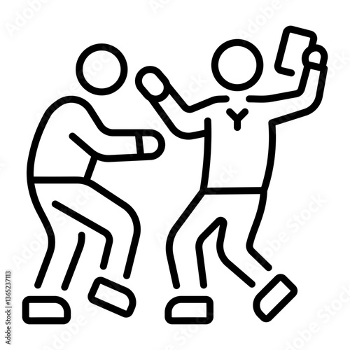 Two friends doing vlogging on a mobile, line style icon 