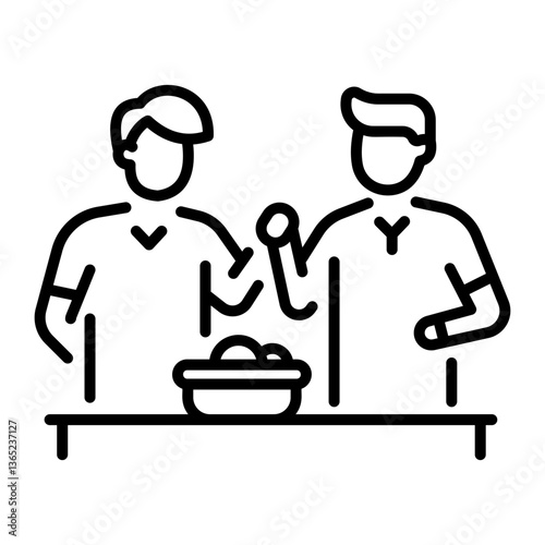 A line style icon of two friends baking together 