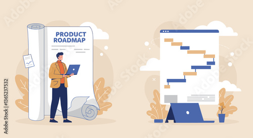 Man reviewing product roadmap on laptop.