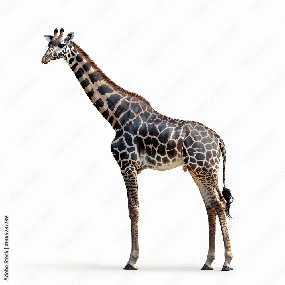 Fototapeta premium Elegant Giraffe Standing Tall with Spotted Pattern Isolated on White Background in Studio Light