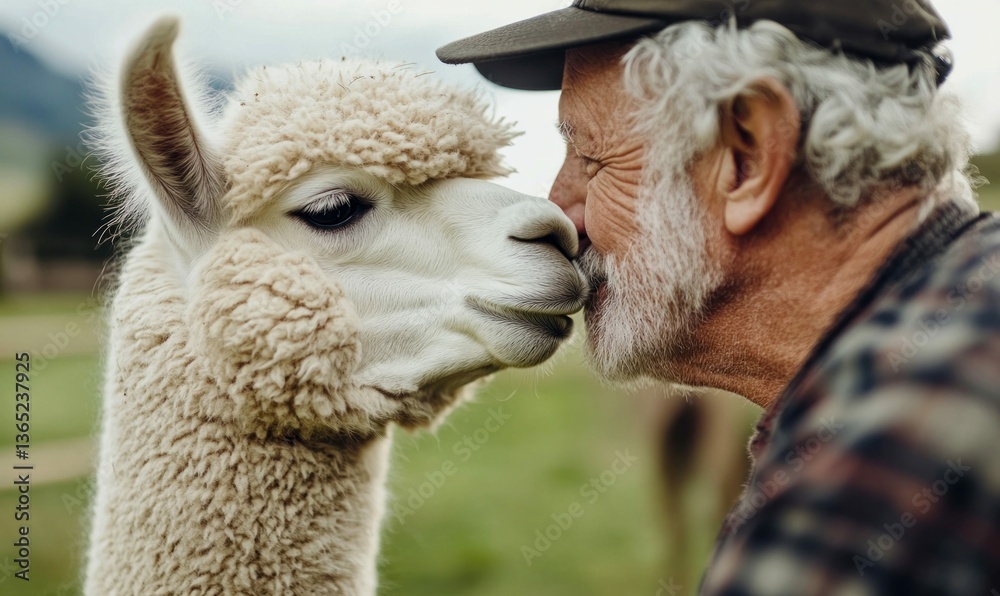 Obraz premium Affectionate elderly man gently kisses a fluffy white alpaca on the nose in a green field.