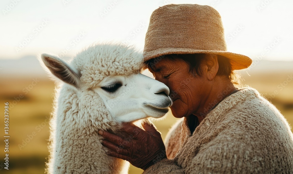 Fototapeta premium An indigenous woman shares a tender moment embracing her alpaca in the Peruvian highlands at sunset.