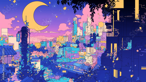 満月が美しいピンクと青の幻想的な都会の夜景イラスト・1980年代レトロポップなネオンカラー都市風景・ノスタルジックでエモいアニメ調背景素材・未来的なシティライフ・夜空の街並み風景