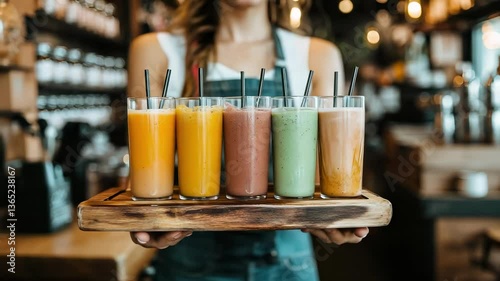 Refreshing drink selections showcase vibrant flavors in a cozy cafe setting
