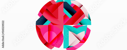 Abstract geometric composition with interlocking circular and angular shapes, featuring smooth gradients and sharp contrasts on a white background