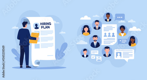 Businessman reviewing a hiring plan and candidate profiles.