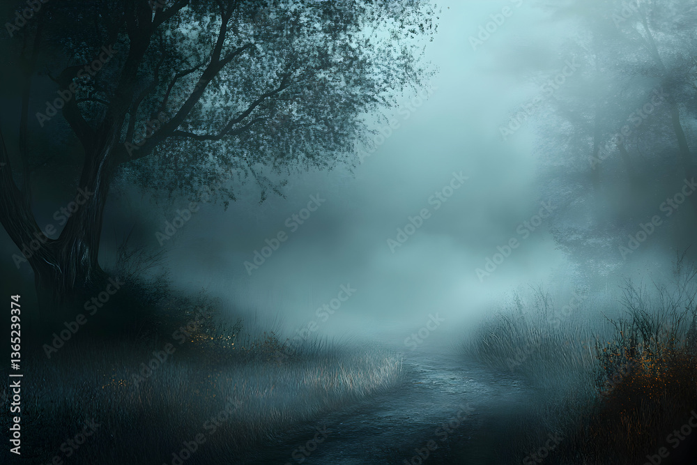 Fototapeta premium Dark foggy forest path with mysterious atmosphere and soft blue tones creating cinematic nature scenery perfect for storytelling, fantasy themes and dramatic landscapes.