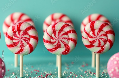 seamless of  Colorful lollypop candy with red stripes and sprinkles on blue mint background for holidays , isolated on white background,  , copy space for text,