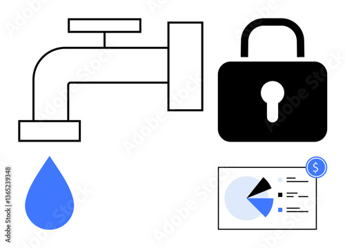 Faucet with water drop, lock symbol, and analytics chart suggest resource allocation, protection, and financial insights. Ideal for security, economy, data, privacy conservation finance digital