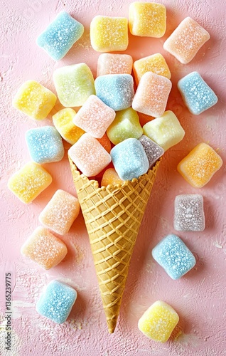 seamless of  Marshmallow candy colorful assortment in an ice cream cone on a pink background viewed from above