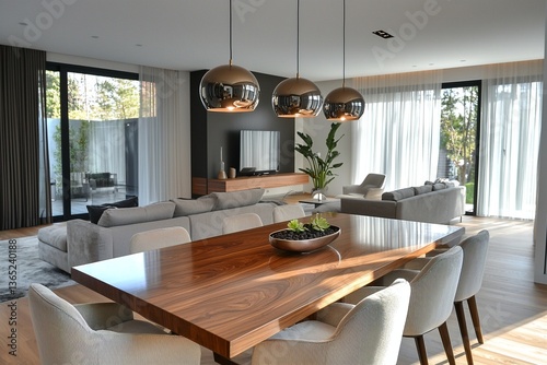 Wallpaper Mural Mid century Modern Interior Dining Room, interior photograph of a modern dining room with wood-built dining table and pendant lighting. Generative AI
 Torontodigital.ca