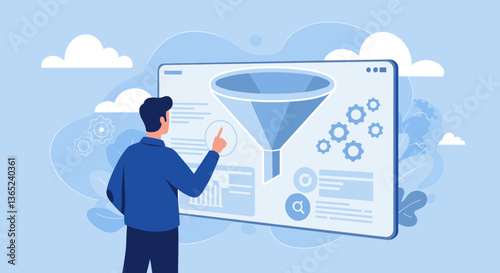 Man analyzing data funnel on a screen.