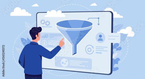 Man analyzing data funnel on digital screen.