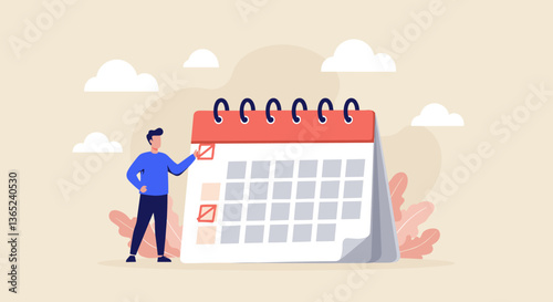 Man checking dates on a large calendar.
