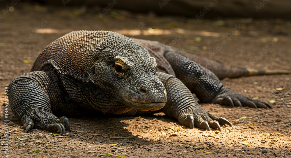 Obraz premium Komodo dragon basking in the shaded ground, showcasing textured skin and strong limbs