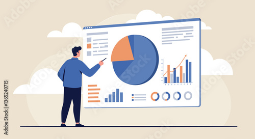 Man presenting data charts on a screen.