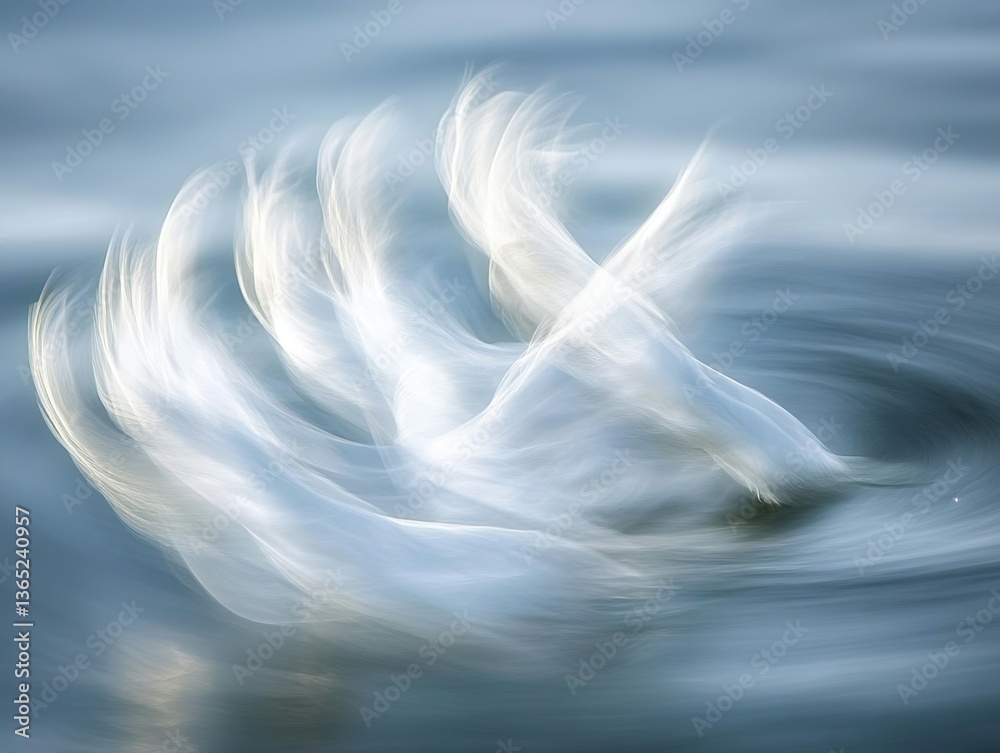 Swirling trails of ethereal white light create a dynamic vortex against a motion-blurred blue water background, suggesting energy and fluid movement. Swirling trails of ethereal white light create a dynamic vortex against a motion-blurred blue water background, suggesting energy and fluid movement.