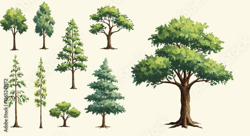 Collection of hand-painted trees, various species and sizes, lush green foliage against a beige background.