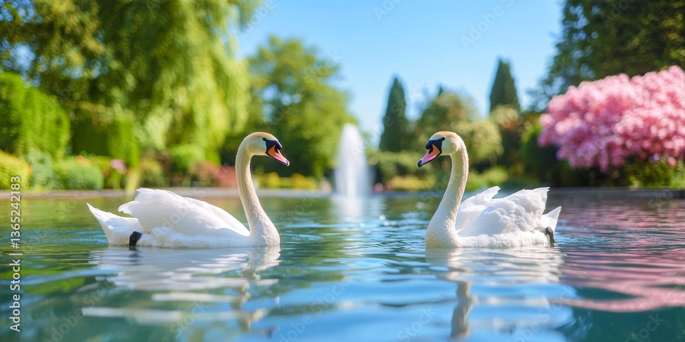 Two White Swans in Heart Shape on Serene Garden Pond Two White Swans in Heart Shape on Serene Garden Pond