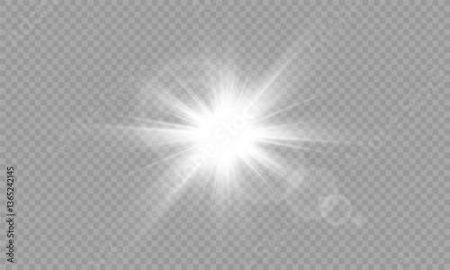 Yellow star flashed with sparkles sun isolated on white background. Soft glow without departing rays, sunlight with lens flare effect. PNG vector light effect.