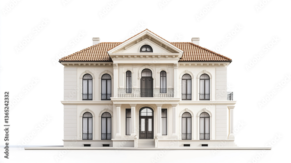 Fototapeta premium Classic house with elegant facade and arched windows on white background