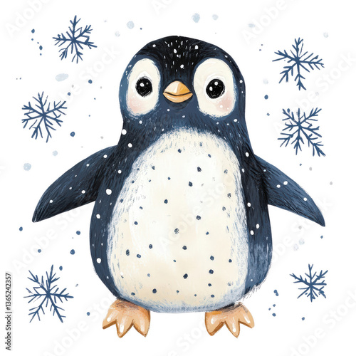 Adorable Penguin in Snow: A cute penguin surrounded by snowflakes, painted in a playful and delightful style. Capturing the joy of winter and the charm of this beloved flightless bird.