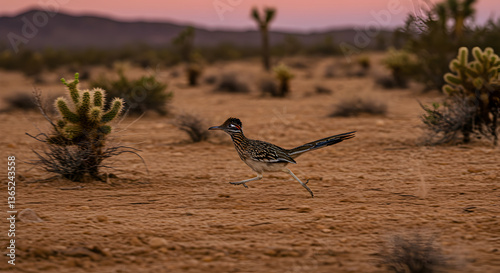 Roadrunner sprinting across arid landscape during golden hour sunset light