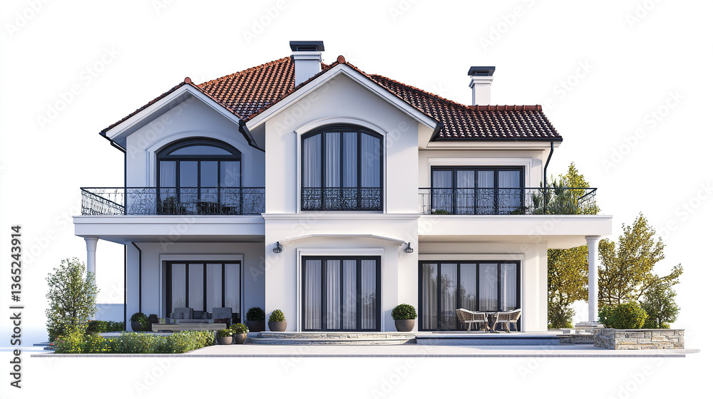 Elegant two story house with large windows and red roof Elegant two story house with large windows and red roof