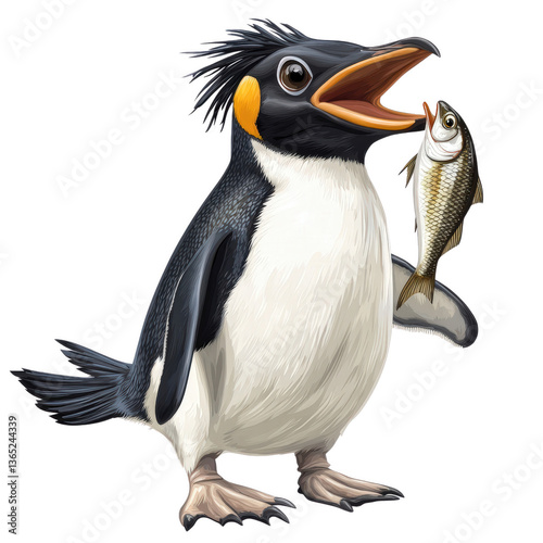 The Penguin's Catch: A playful illustration of a penguin triumphantly holding a fish. Capturing its unique form, this image is perfect for adding charm to any project.